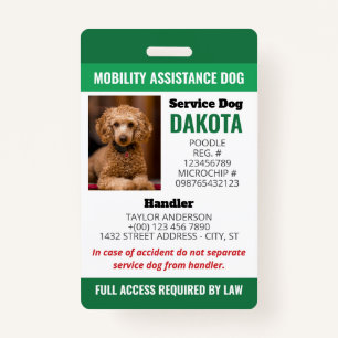 Green Mobility Assistance Dog Logo QR Photo ID Badge