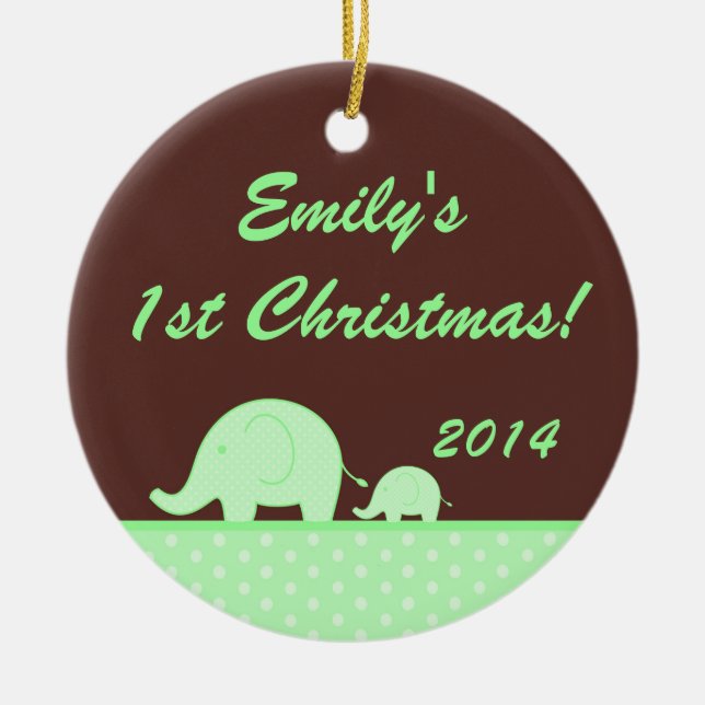 Green Mod Elephant Jung Personalized Name Ornament (Front)