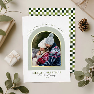 Green Modern Arch Photo Christmas Foil Holiday Card