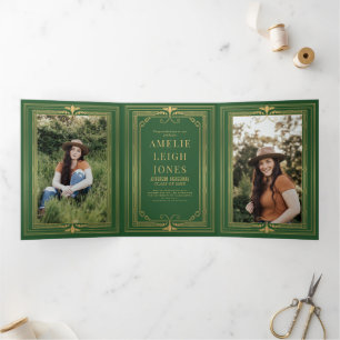 Green Modern Art Deco Photo Graduation Tri-Fold Invitation