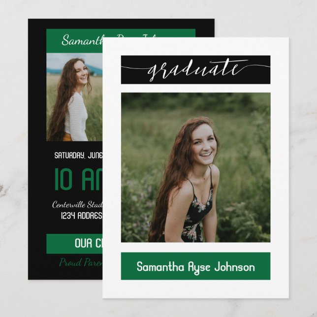 Green Modern Block 3-Photo Graduation Invitation (Front/Back)