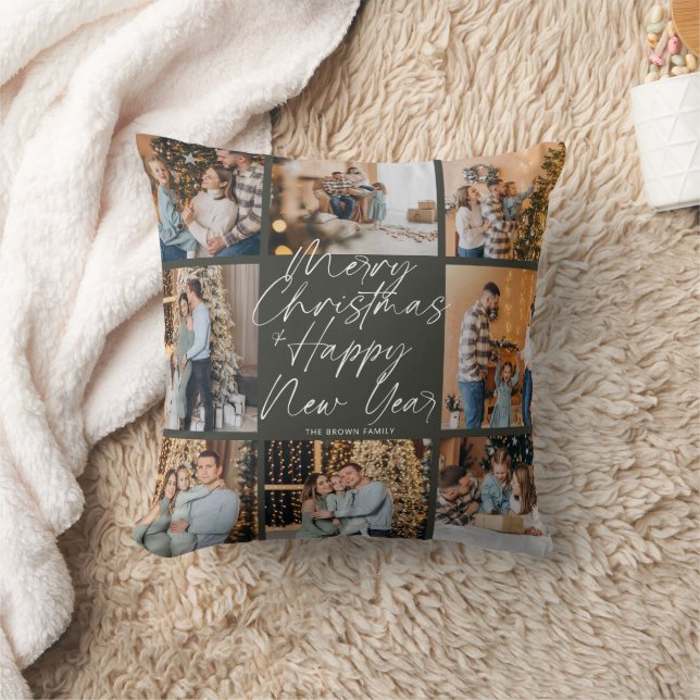 Green Modern Boho 8 Photo Collage Christmas  Throw Pillow (Blanket)