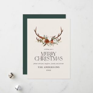 Green modern botanical elegant stag floral holiday card