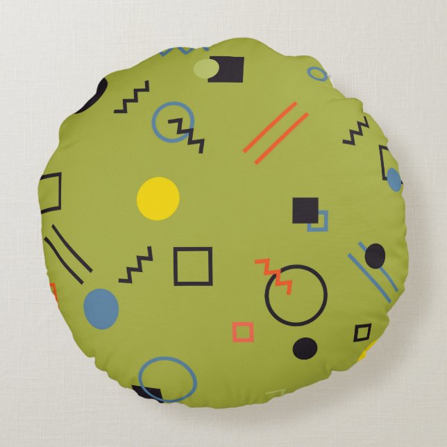 Green, modern, cool, trendy, urban,Memphis pattern Round Pillow (Back)