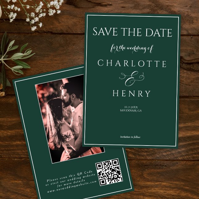 Green Modern Elegant Calligraphy Photo QR Code  Save The Date (Creator Uploaded)