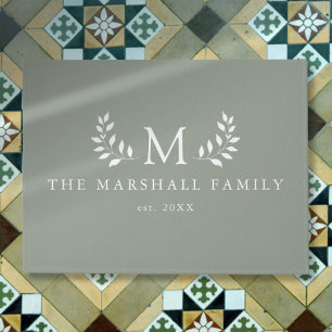 Green Modern Elegant Floral Monogram Family Name Doormat