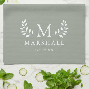 Green Modern Elegant Floral Monogram Family Name Kitchen Towel