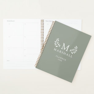 Green Modern Elegant Floral Monogram Name Planner