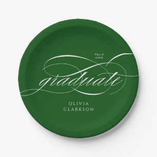 Green Modern Elegant Script Graduation Party Paper Plate