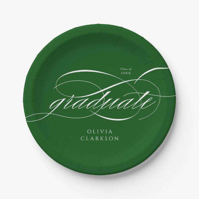 Green Modern Elegant Script Graduation Party Paper Plate (Front)
