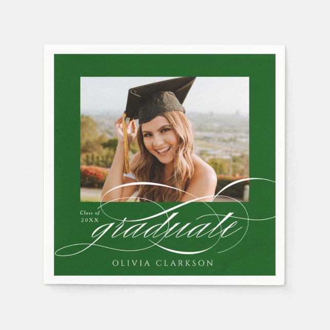 Green Modern Elegant Script Photo Graduation Party Napkin (Front)