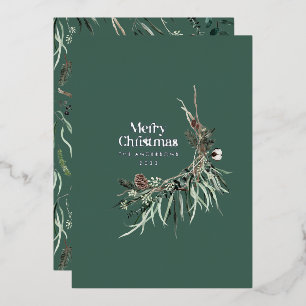 Green modern elegant watercolor botanical rustic f foil holiday card