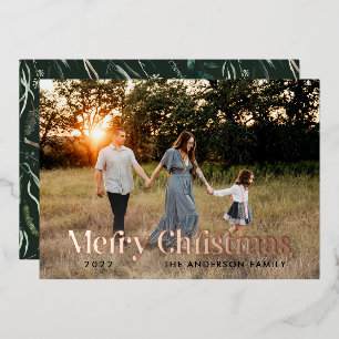 Green modern elegant watercolor botanical rustic foil holiday card