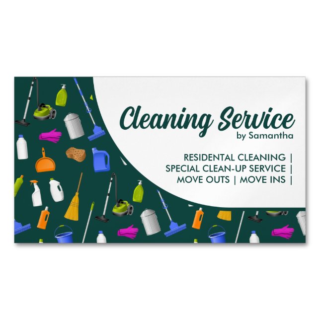 Green Modern House Cleaning Service Magnetic Business Card (Front)