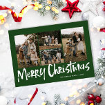 Green Modern Lettering Four Photo Merry Christmas  Holiday Card<br><div class="desc">Green Modern Lettering Four Photo Merry Christmas Holiday Card features four photos on the front and a festive holiday greenery pattern on the back.</div>