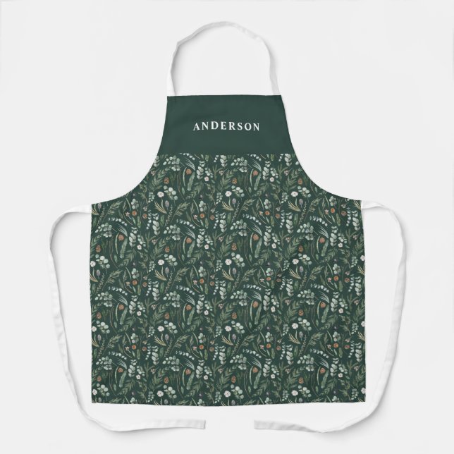 Green modern minimal botanical elegant personalize apron (Front)