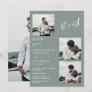 Green modern minimalist initials photo wedding invitation