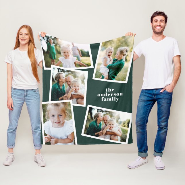 Green modern multi photo family home decor gift fleece blanket (In Situ)