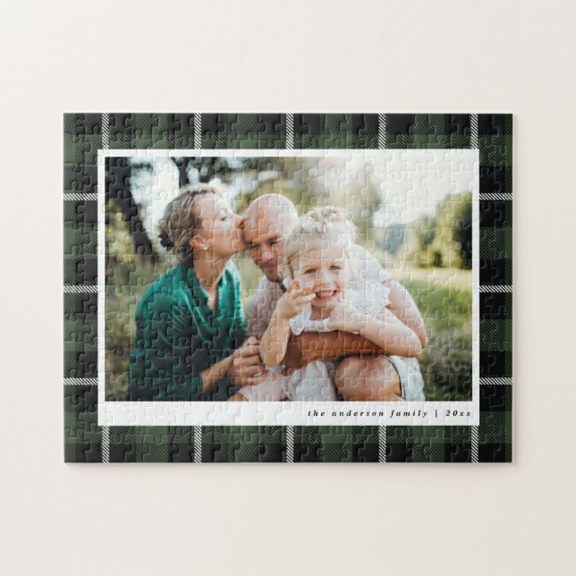 Green modern rustic tartan check family photo jigsaw puzzle (Horizontal)