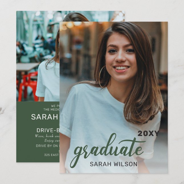 Green Modern Script Graduate Two Photos Drive By I Invitation (Front/Back)