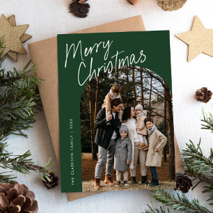 Green Modern Script Merry Christmas Arch 2 Photo Holiday Card