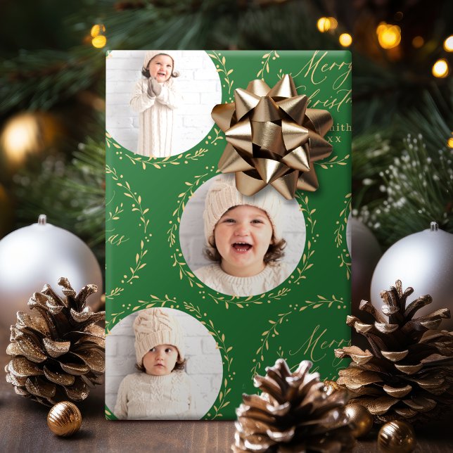 Green Modern Script Merry Christmas Family 6 photo Wrapping Paper (Green Modern Script Merry Christmas Family 6 photo Wrapping Paper)