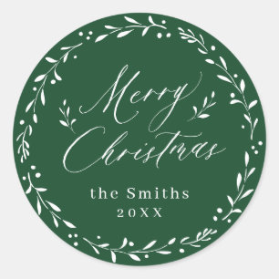 Green Modern script Merry Christmas Holiday Gift Classic Round Sticker