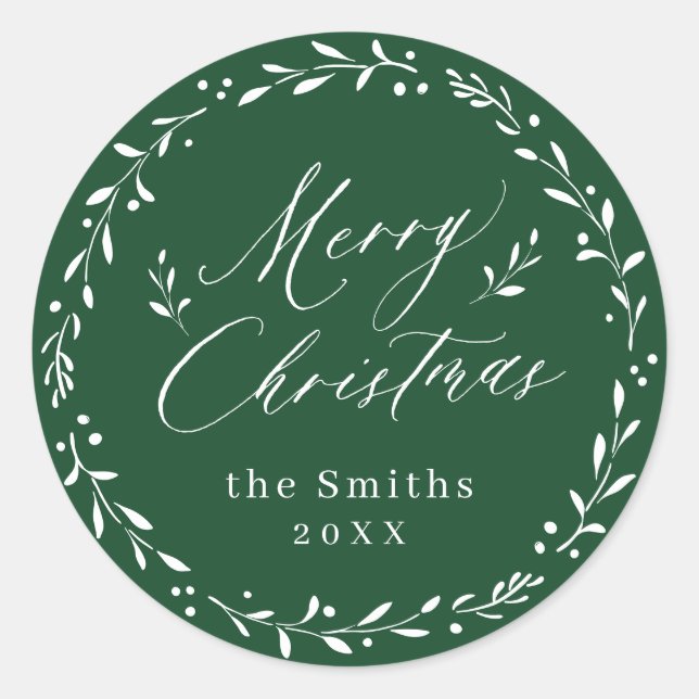 Green Modern script Merry Christmas Holiday Gift Classic Round Sticker (Front)