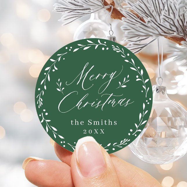 Green Modern script Merry Christmas Holiday Gift Classic Round Sticker (Green Modern script Merry Christmas Holiday Gift Classic Round Sticker)