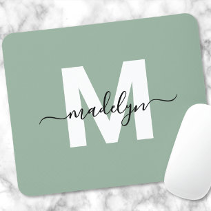Green Modern Script Name Monogram Mouse Pad
