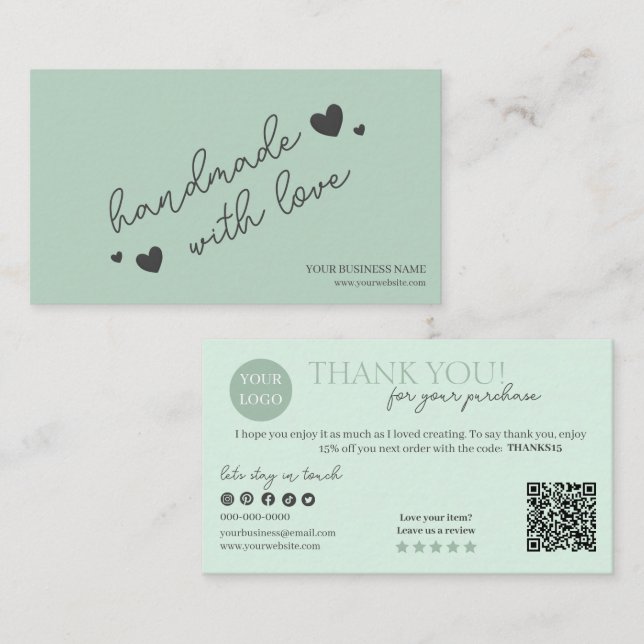 Green Modern Script QR Code, Thank You Candle Business Card (Front/Back)