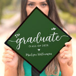 Green Modern Simple Chic Elegant Script Heart Name Graduation Cap Topper<br><div class="desc">Your favourite grad will stand out and make a statement when they wear this graduation cap topper! Let them celebrate their milestone with this girly, stunning, simple, modern, custom graduation keepsake. A fun, playful visual of white script handwriting and cute, playful hearts, along with her name and class year, overlay...</div>