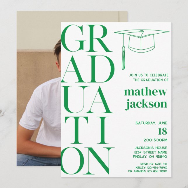 Green Modern Simple Graduation Party Personalized Invitation (Front/Back)