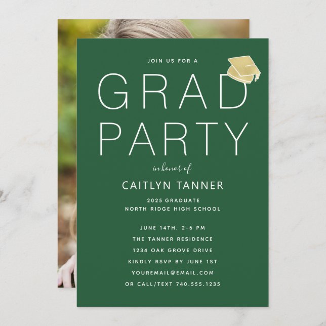 Green Modern Simple Photo Graduation Party Invitation (Front/Back)