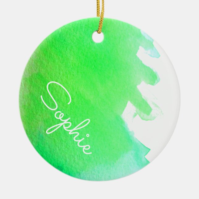 Green modern simple watercolor Christmas name Ceramic Ornament (Front)