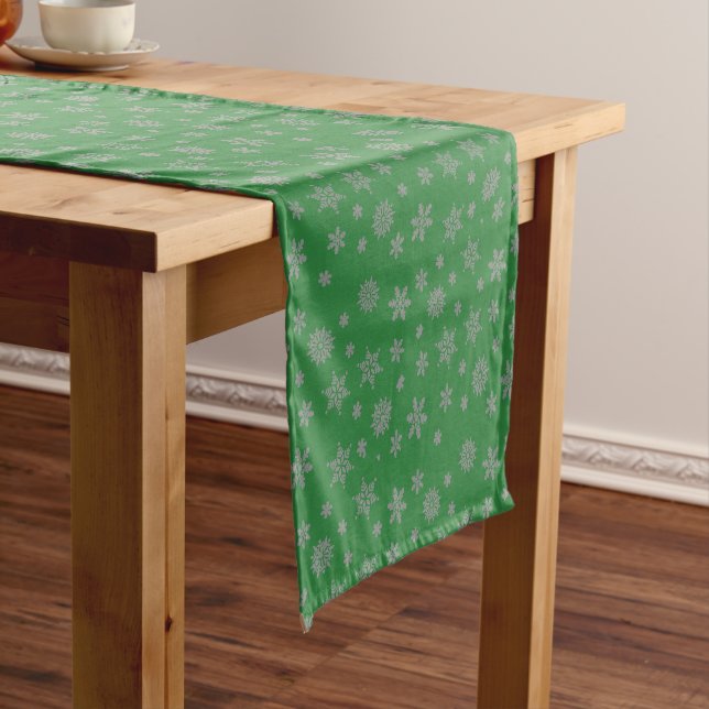 Green Modern Snowflakes Christmas Short Table Runner (In Situ)
