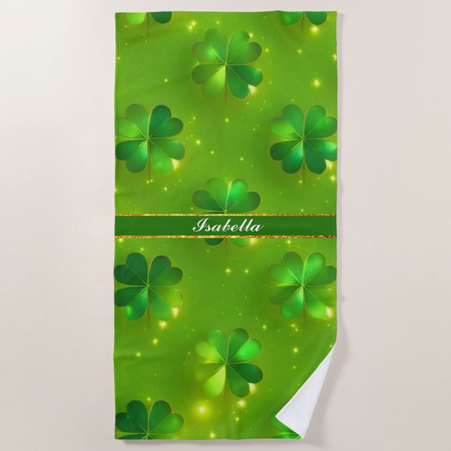 Green Modern St Patrick's Day Clover Collection Beach Towel (Front)