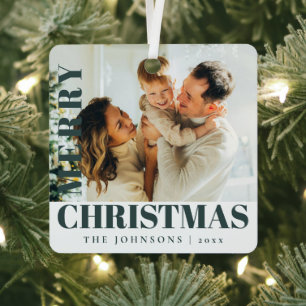 Green Modern Stylish Merry Christmas Family Photo Metal Ornament