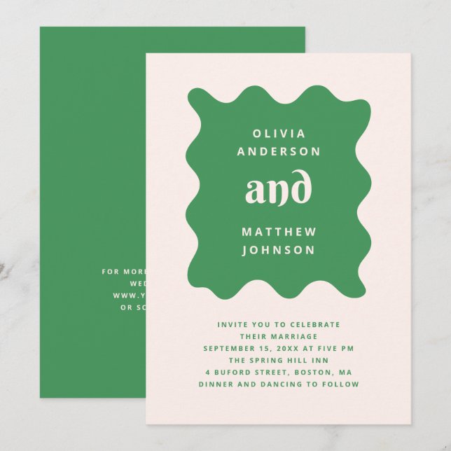 Green Modern Wavy Wedding | Playful QR Code Invitation (Front/Back)