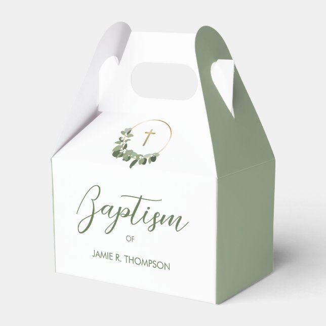 Green Modern Wreath gold cross Baptism Favor Box (Front Side)