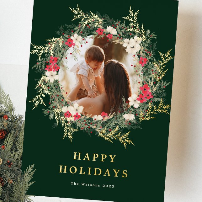 green modern wreath one photo merry christmas gold foil holiday card (Creator Uploaded)