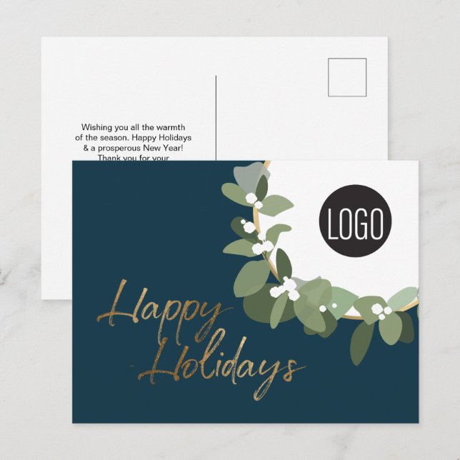 Green Modern Wreath with logo Happy Holidays Blue Holiday Postcard (Front/Back)