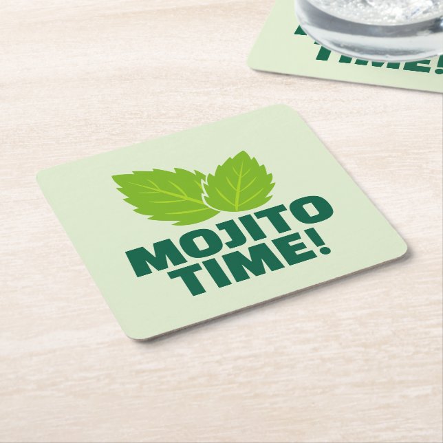Green mojito cocktail party coasters with quote (Angled)