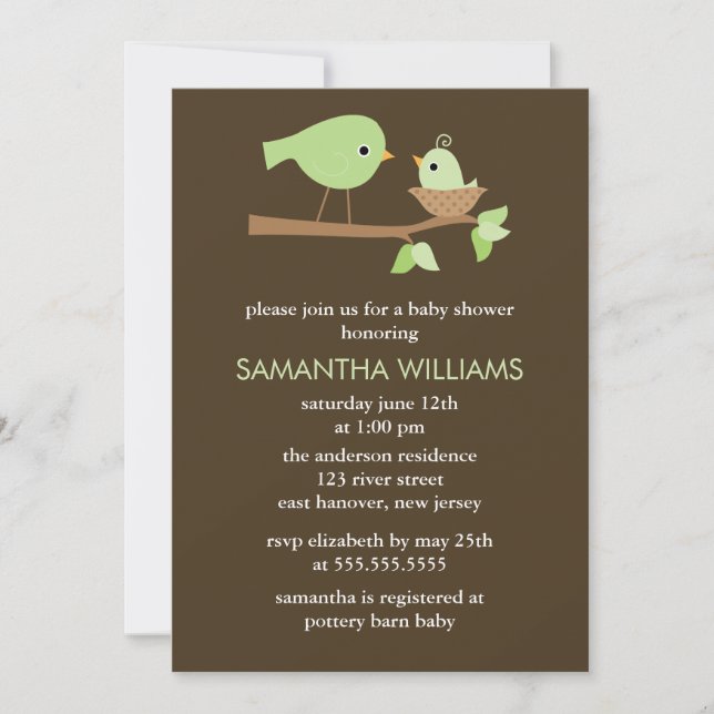 Green Mom and Baby Birds in a Nest Baby Shower Invitation (Front)