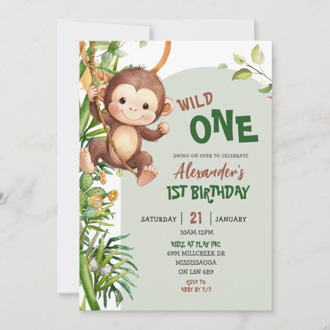 Green Monkey Wild One Safari First Birthday Invitation (Front)