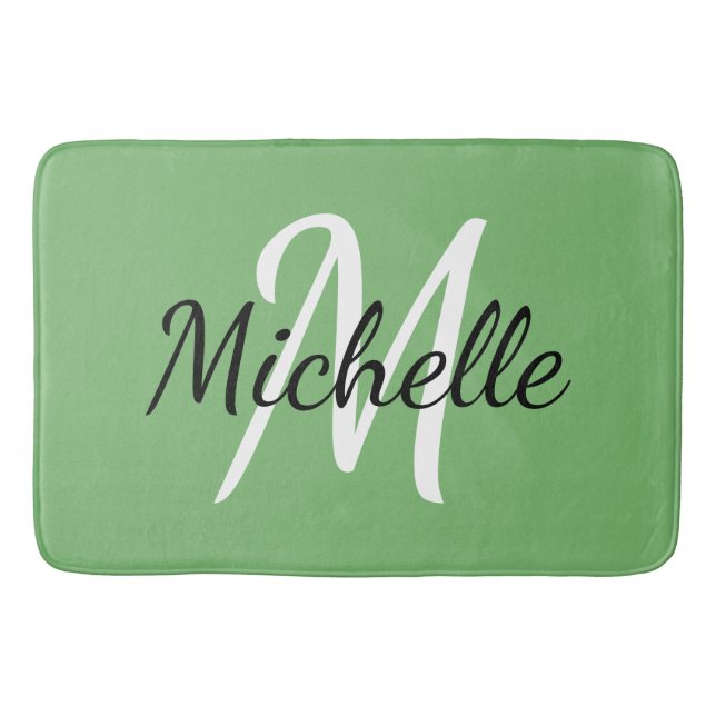 Green Monogram Add Your Name Simple Modern Trendy Bath Mat (Front)