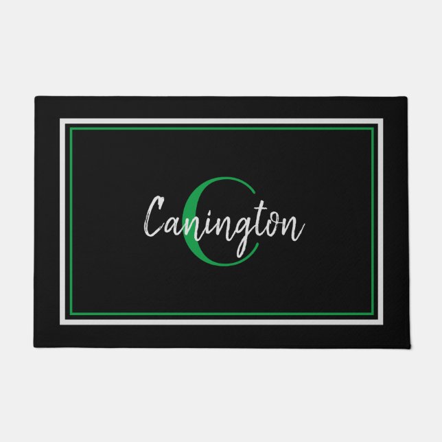 Green Monogram and Family Name New Home Black Doormat (Front)