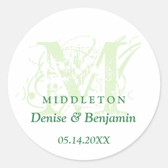 Green monogram antique chic label wedding favour (Front)