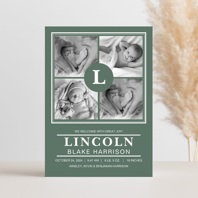 Green Monogram Baby Boy Birth Announcement Card (Creator Uploaded)