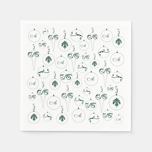 Green Monogram Bauble Ornaments Pattern Christmas Napkin (Front)